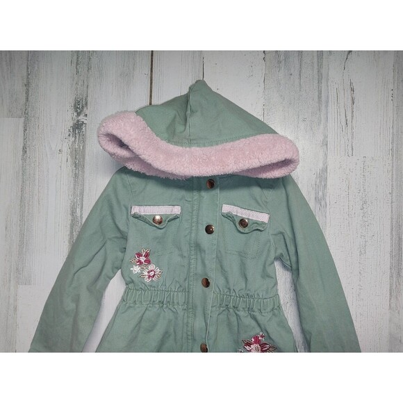 Little Lass Size 5 Hooded Jacket Green & Pink Canvas - Picture 3 of 6